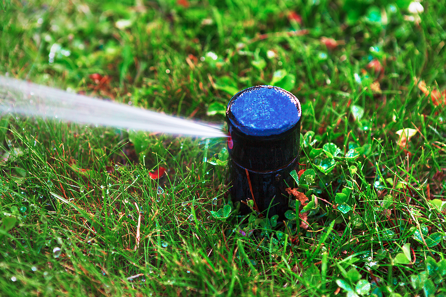 close up photo of lawn sprinkler system spraying strong steam of water onto nearby grass